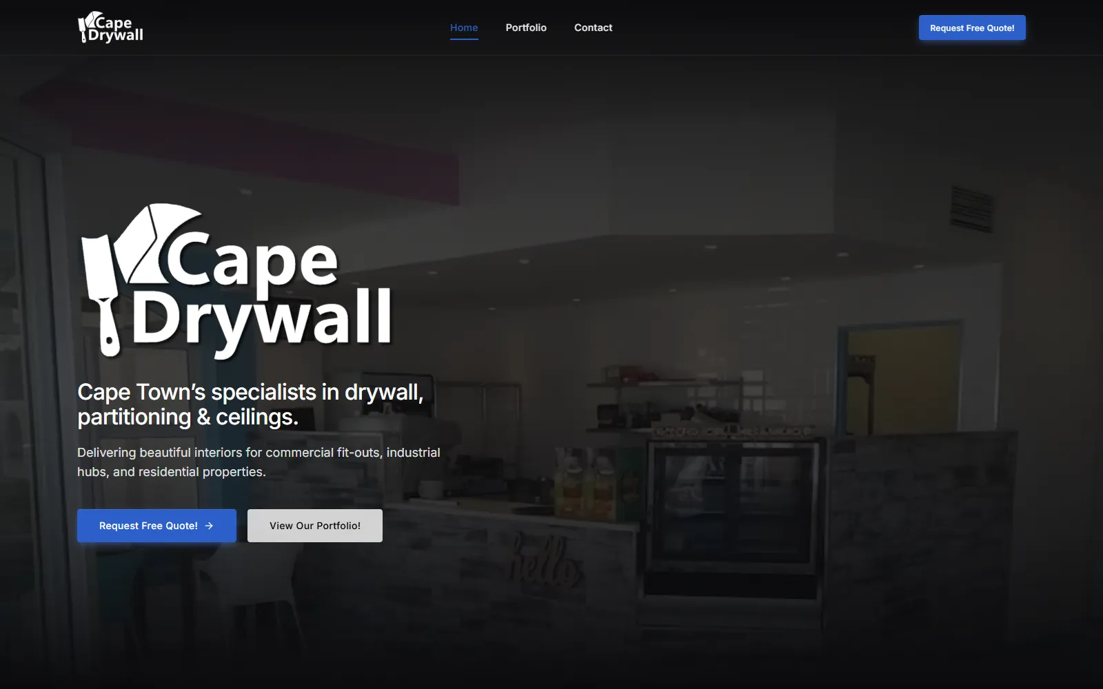 The Cape Drywall home page, showing a finished interior fit-out and a request a quote button